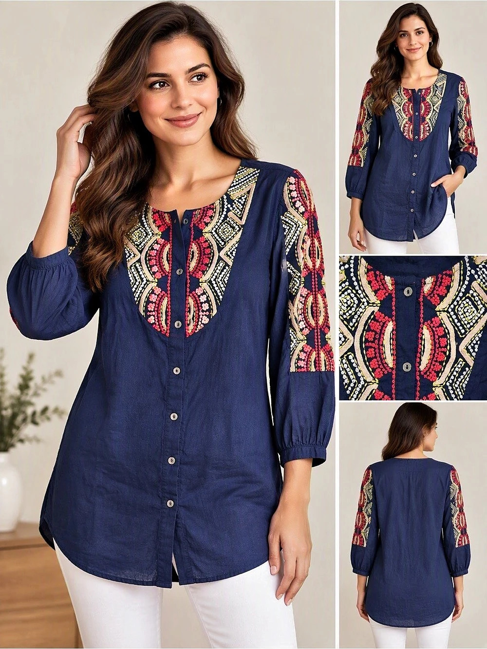 Hei Hei Anthropologie “Agonda” Embroidered Tunic in Blue & Pink Size 4